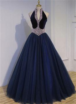 Picture of Gorgeous Navy Blue Tulle and Velvet with Light Pink Pearls Prom Gown, Party Dress